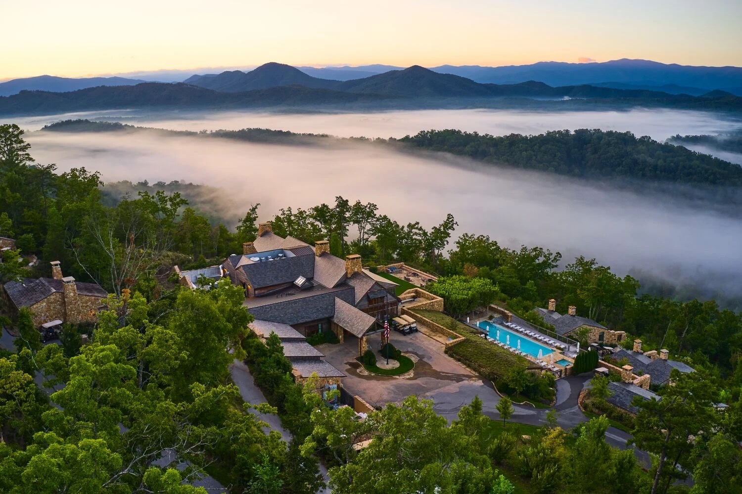 Blackberry Farm at sunrise, fog in the Smokies valleys